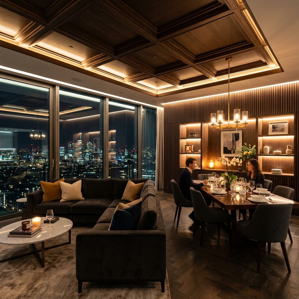 Sala de estar de luxo integrada com iluminação cênica noturna automatizada