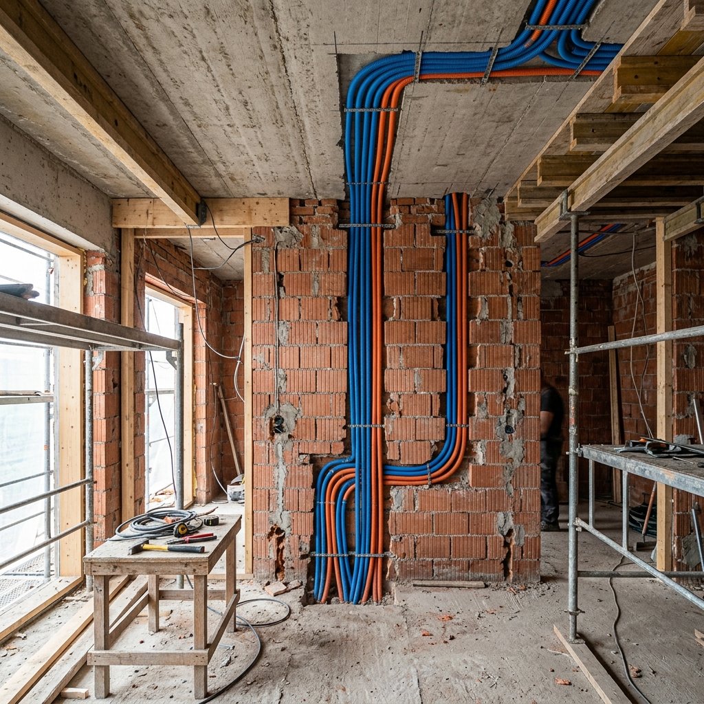 Infraestrutura de tubulações e conduítes de automação residencial em obra