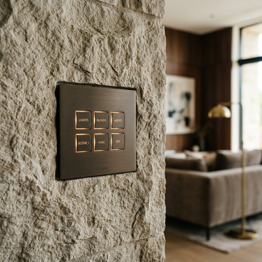 Keypad de automação integrado à parede de uma residência de alto padrão