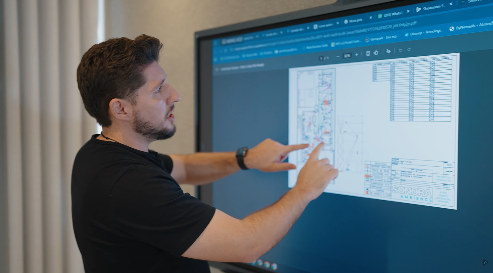 Painel interativo MaxHub V7 em uma sala de reunião corporativa de alto padrão, com videoconferência em andamento