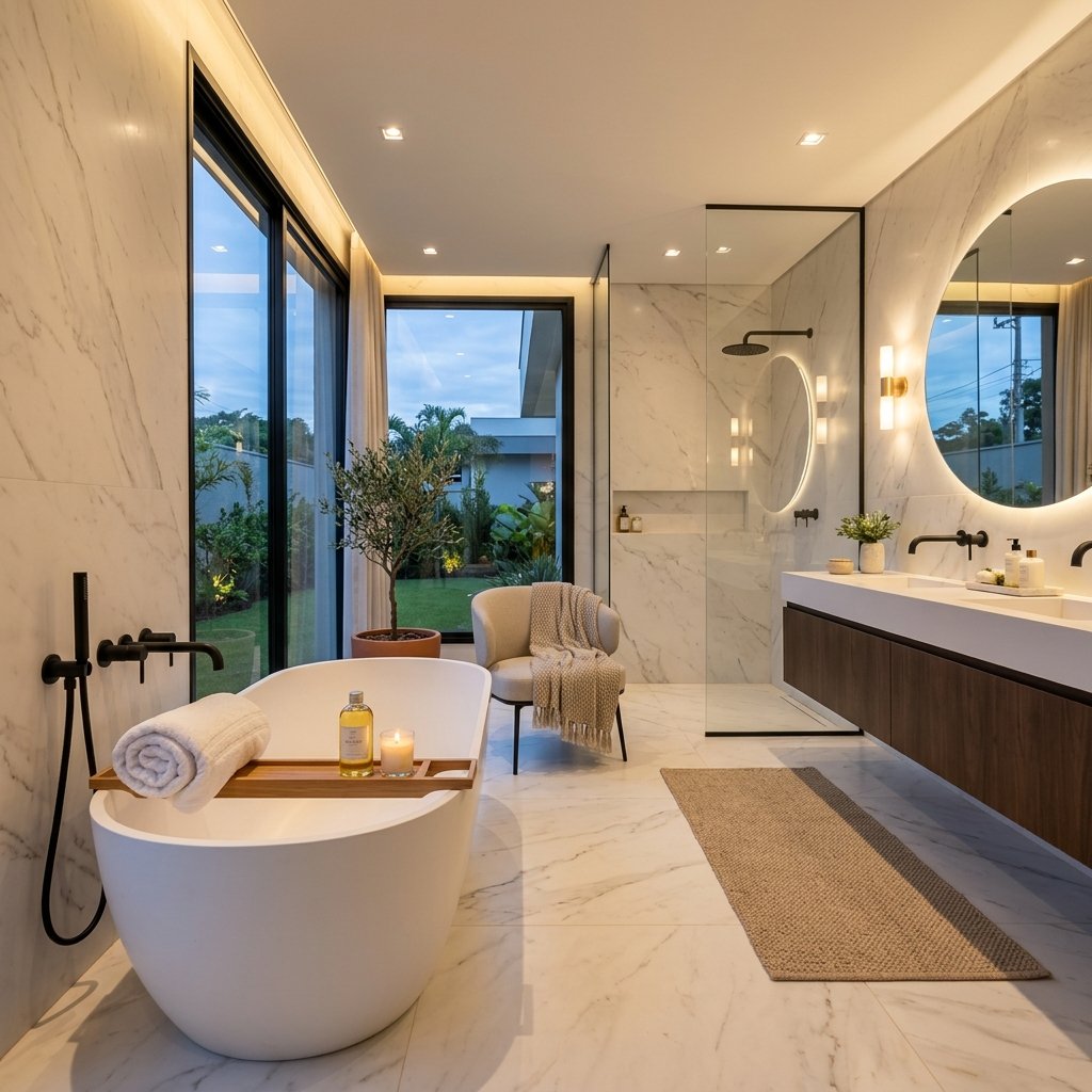 Banheiro spa luxuoso com piso aquecido de mármore
